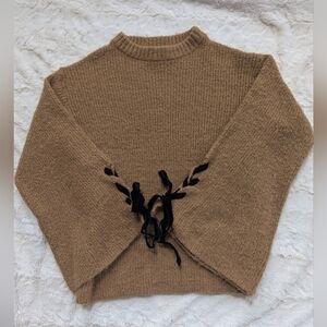 BP Camel Tan Soft Knit Sweater Bell Sleeves Black Ribbon Cuffs Size Medium/M